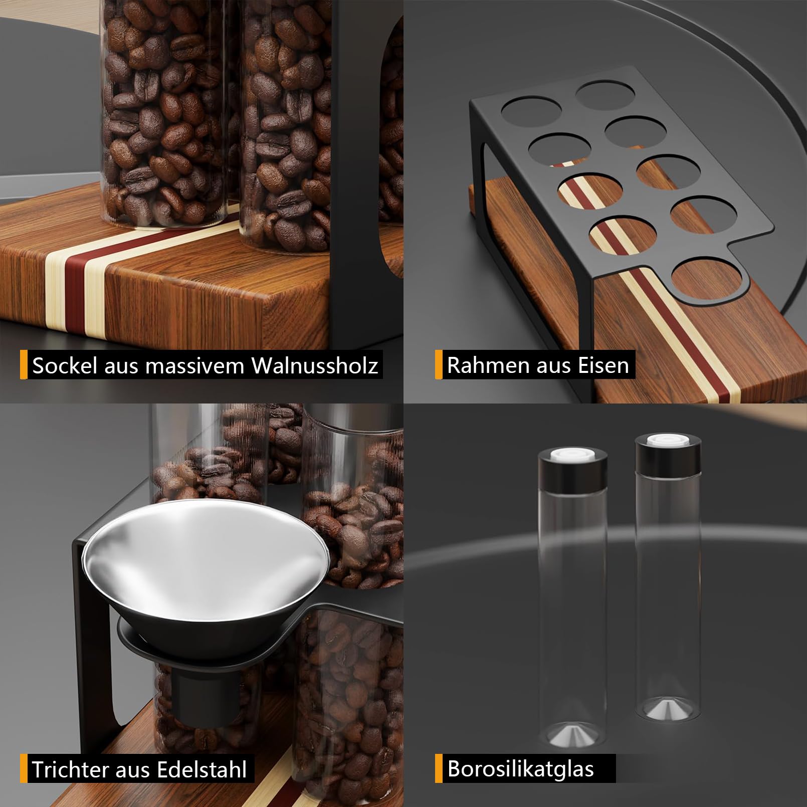 Kaffeebohnen Behälter 8 Tuben Walnuss Ständer Trichter Einzeldosis Schwarz | Espressobohnen Aufbewahrung Kaffeedose Set Portionierer Glas Röhrchen Holz Halter Dose Frischhalteventil Barista Geschenk
