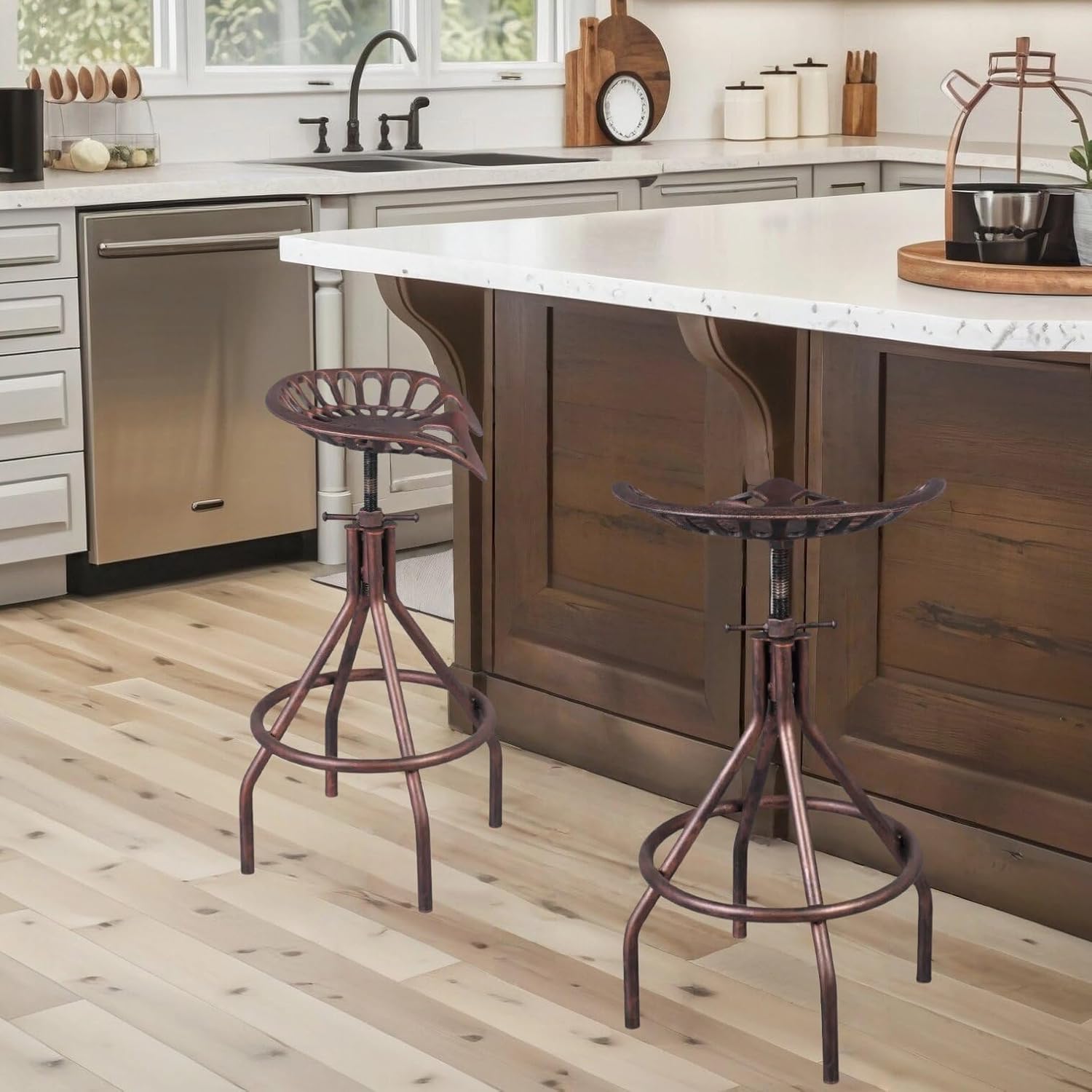 Diwhy Rustic Farmhouse Barstool Tractor Seat Adjustable Bar Stool Industrial Pub Stool Copper Set of 2