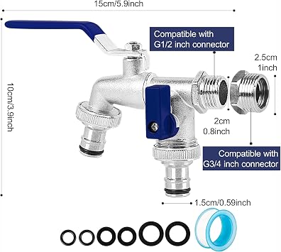 Brass Double Garden Tap - Universal 3/4 & 1/2 Inch Dual Outlet, Frost Resistant Outdoor Water Tap with 2 Hose Connectors for Patio & Lawn