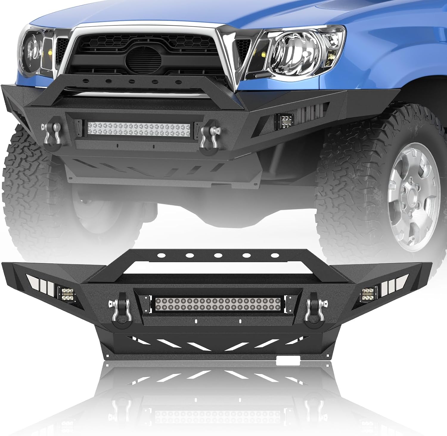 Full Width Tacoma Front Bumper for 2005-2015 Toyota Tacoma 2nd Gen Pickup Trucks – Heavy Duty Rock Crawler Bumper with120W LED Light Bar, 2 x 39W LED Lights, and 2 x D-Rings
