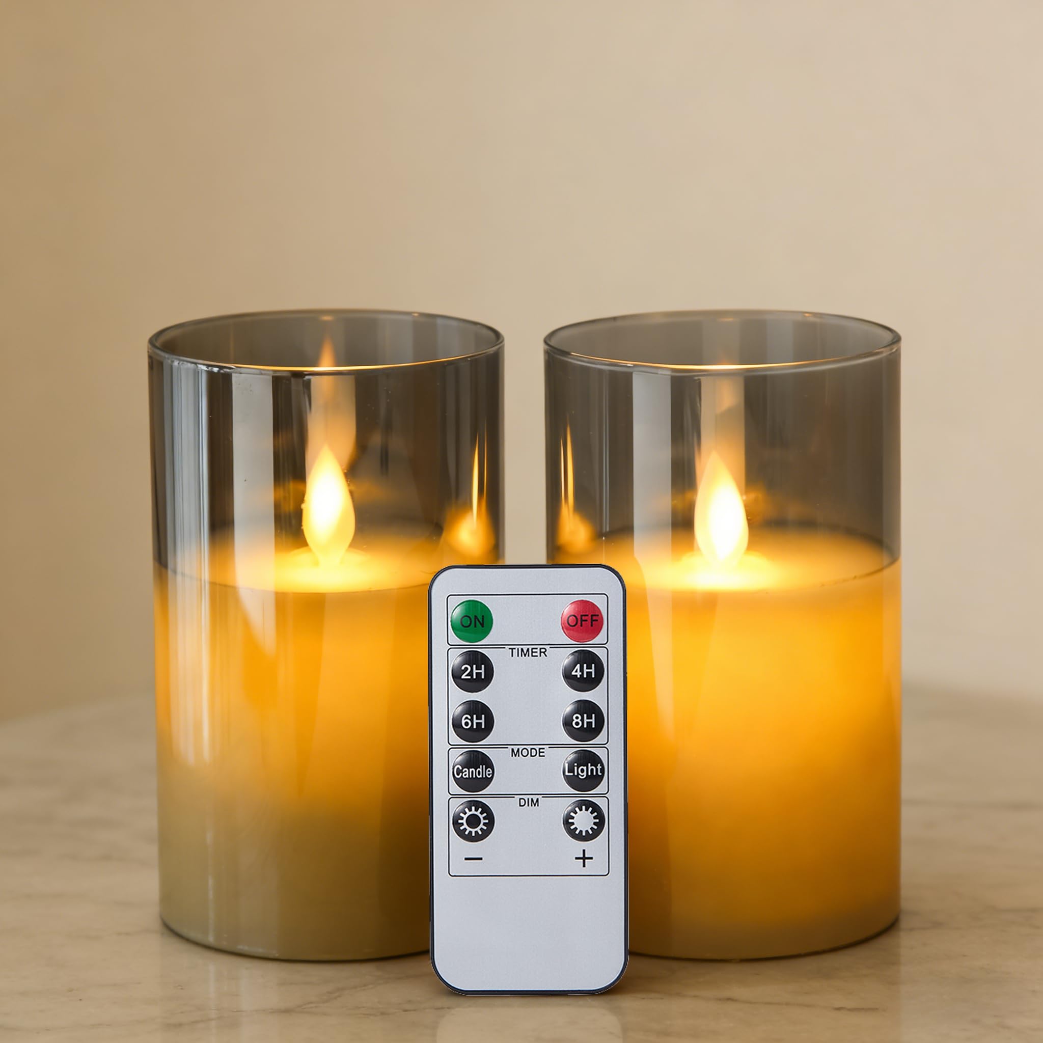 Koelaa 2 Pack LED Candles, Battery Operated Flameless Candles with Remote & Timer, Realistic Flickering Warm White Glass Jar Candle for Christmas Party Wedding Home Decor (Brown, 7.5 * 12.5cm)