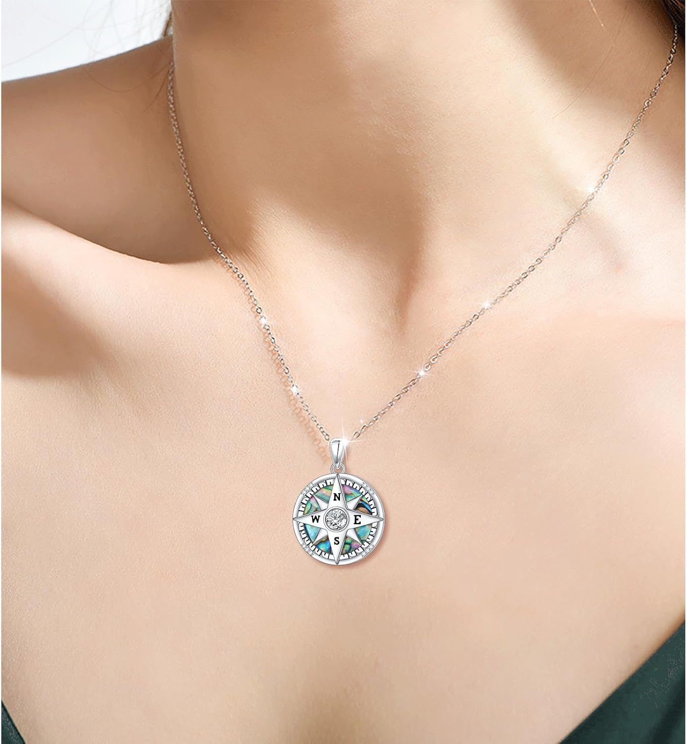 FLYOW 925 Sterling Silver Abalone Shell Pendant Compass/Anchor/Mountain/Astronaut Necklace Graduation Birthday Anniversary Christmas Jewelry for Women Men - Image 3