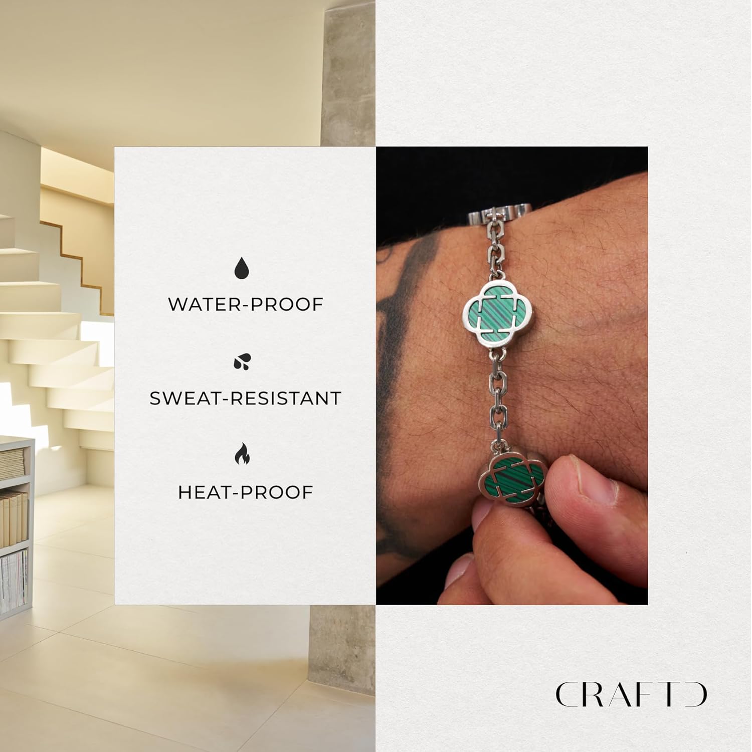 CRAFTD - Green Malachite Clover Stone Gold Bracelet - Durable 18K Gold & 316L Stainless Steel - Waterproof, Heat & Sweat Resistant - Gifts for Men - Men's Jewelry