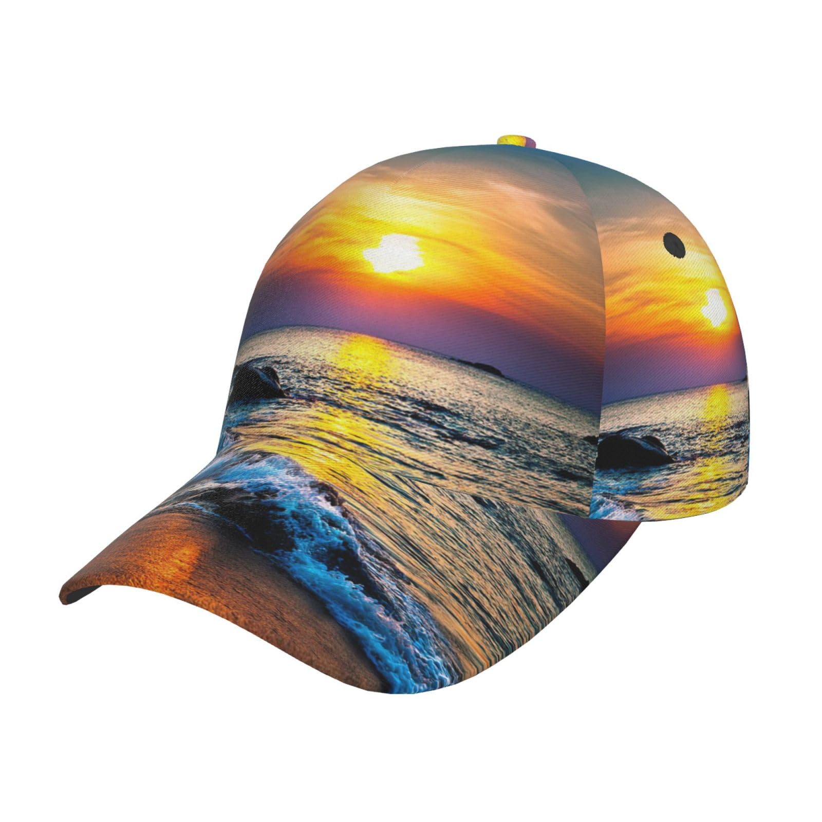 Hysdpuzk Men's Beach And Sunset Print Tylish Curved-Brim Baseball Cap - Full Print Polyester Hat For All Seasons And Genders