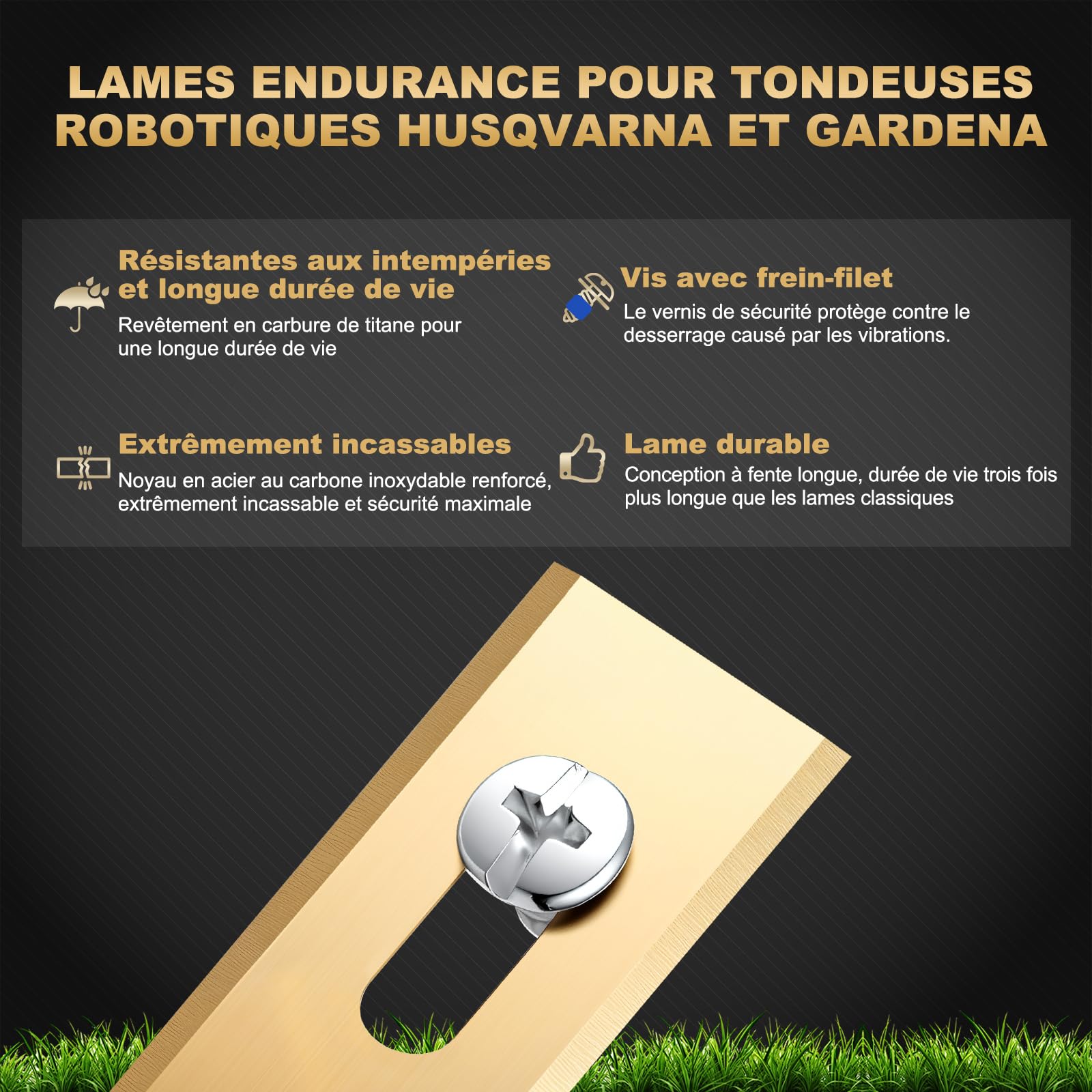 36 pièces de lames Endurance compatibles avec TOUS les robots tondeuses Husqvarna, lames de remplacement durables en titane, y compris des vis avec revêtement de sécurité