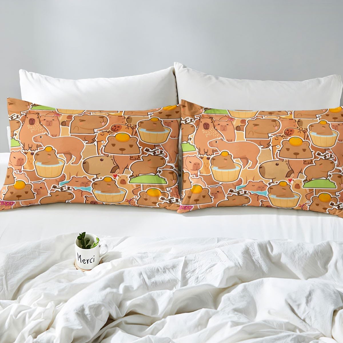Loussiesd Capybara Copripiumino 200 x 200 cm Regali per Bambini Capybara Biancheria da letto Set per Ragazzi Adolescenti Amanti Animali Capybara Parure da letto Modello Arancione Marrone Biancheria da