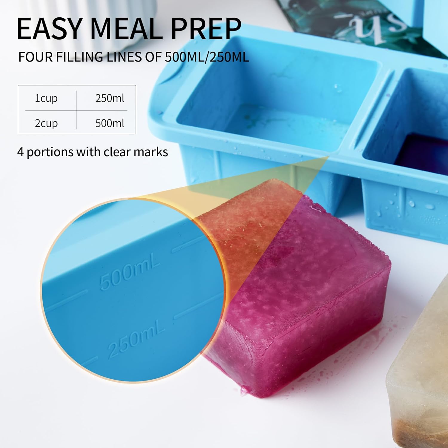 Silicone Freezer Tray with Lid 2 Pack Silicone Freezer Molds - Large Ice Cube Tray - Makes 4 Perfect 2 Cup Portions Soup Cubes Meal Prep Containers- Oven & Dishwasher Safe - Image 4
