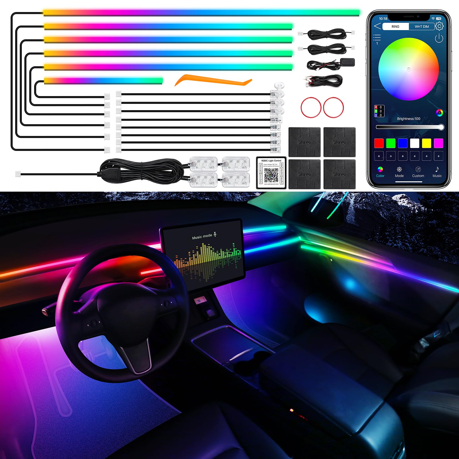 Dream+Color Acrylic Interior Car LED Strip Light with Wireless APP, RGB 18 in 1 with 175 inches 612 LEDs Fiber Optic Strip Lights for Car, Dual Zone Music Sync Neon Car Ambient Lighting Kits