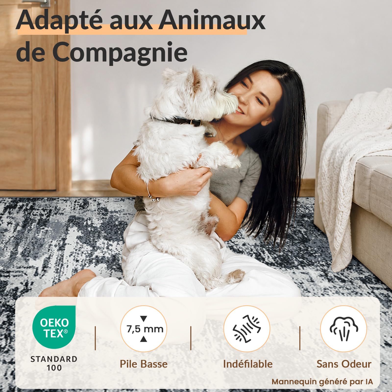 INOVADAY Tapis de Salon Lavable en Machine 120x180 cm Abstrait à Faible Poil Antidérapant Adapté à l'aspirateur avec Motif Imprimé Tapis Chambre, pour la Le Bureau à Domicile Noir/Gris/Bleu/Blanc