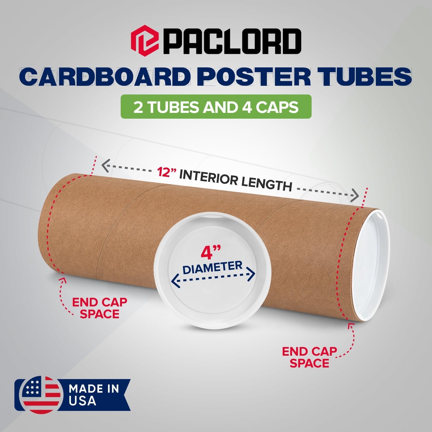 4" x 12" reinforced kraft paper mailing tubes, pack of 2 tubes with 2 caps each – usps approved poster tube – made in usa cardboard tube for shipping and storing posters, prints, artwork, or documents inside diameter: 4" length: 12"