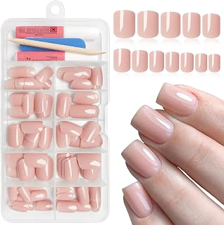 Square Press on Nails Short, 120Pcs Glossy Nude Fake Nails Full Cover Acrylic Nail Press ons Reusable Glue on Nails Solid Color Artificial False Nail for Women Girls