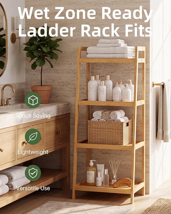 SMIBUY Bamboo Ladder Bookcase, Bathroom Storage Rack Organizer, 4 Tier and 5 Tier Freestanding Plant Display Stand Space Saver Shelves for Bedroom, Kitchen, Balcony (Natural, 4 Tiers (39 H))