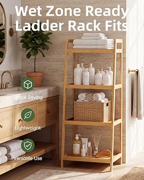 SMIBUY Bamboo Ladder Bookcase, Bathroom Storage Rack Organizer, 4 Tier and 5 Tier Freestanding Plant Display Stand Space Saver Shelves for Bedroom, Kitchen, Balcony (Natural, 4 Tiers (39 H))