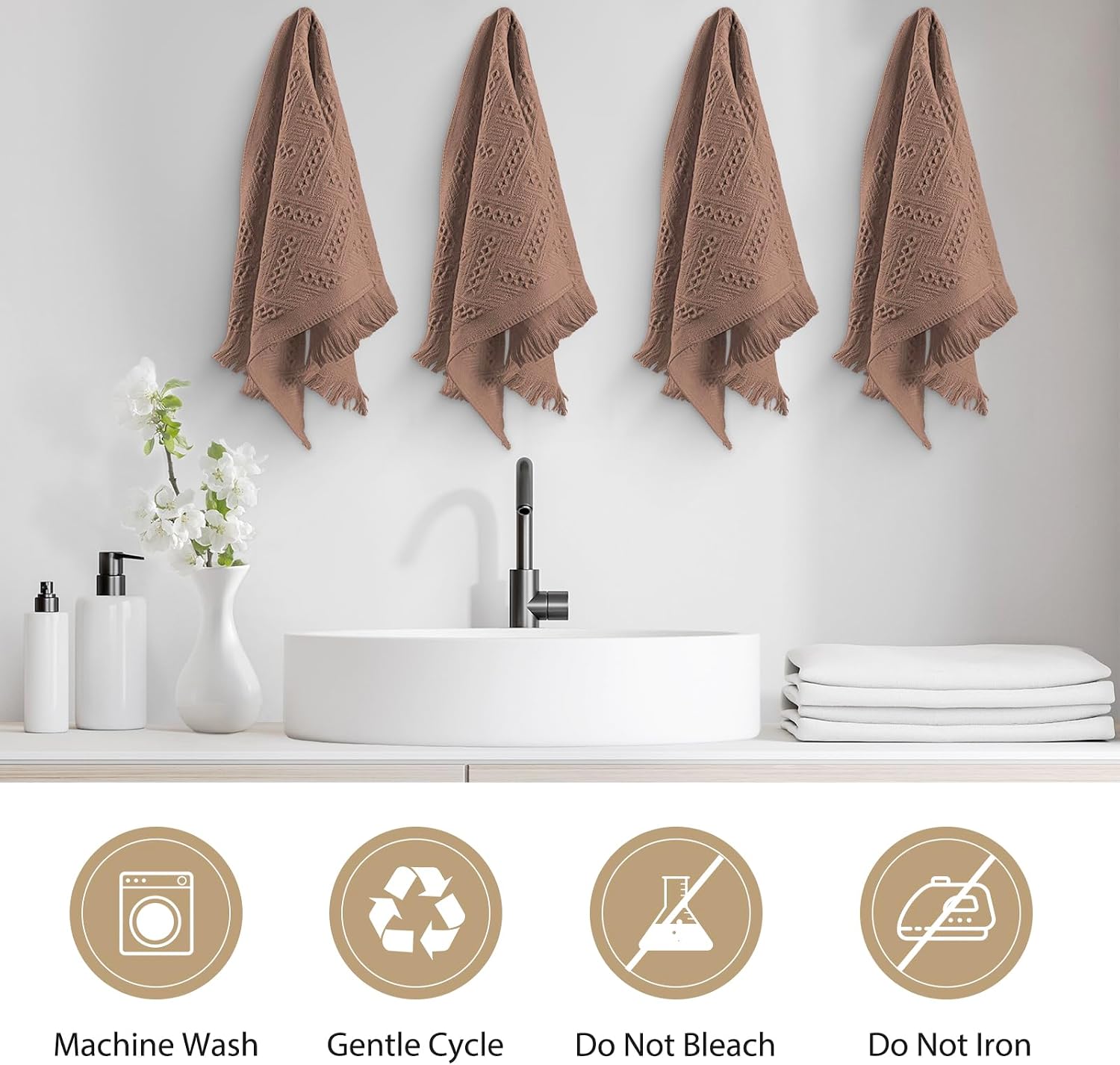 Boho Bathroom Decor Hand Towel 4 Pack 100% Turkish Cotton 14 x 30 Inch Boho Kitchen Hand Towel Guest Tea Gift (Brown) (Brown)