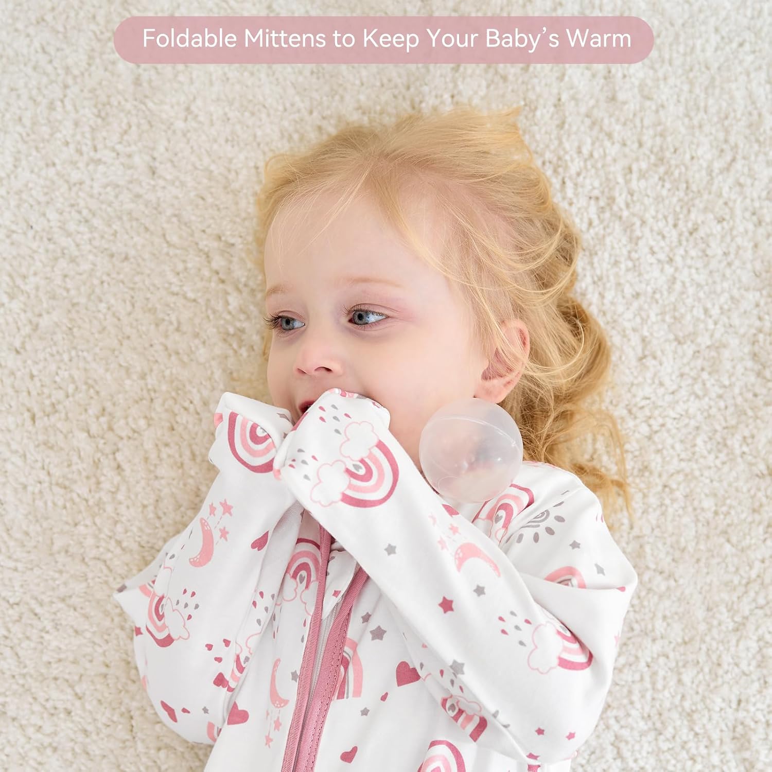 Baby Sleep Sack 12-18 Months, Long Sleeve Baby Wearable Blanket 0.5 Tog with Mittens, 2-Way Zipper Toddler Cotton Sleeping Sack for Boy and Girl Pink Rainbow 2 Pack(Large) - Image 3