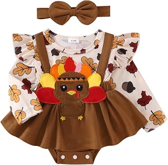 طفل رضيع ملابس عيد الشكر تركيا فستان رومبر طفل حديث الولادة فتاة طويلة الأكمام Tutu Onesie + عقال