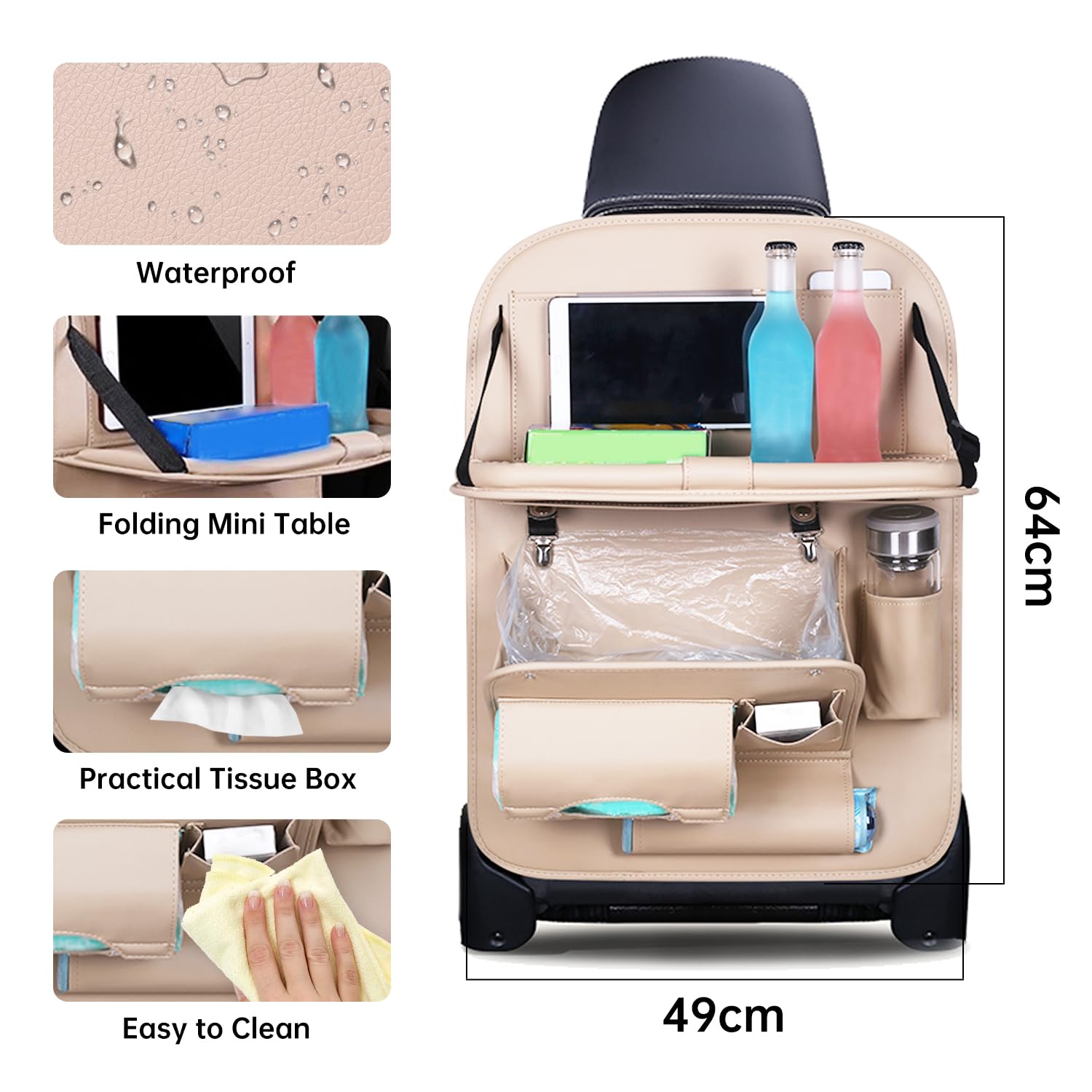 Autositz Organizer Rückenlehnenschutz, Auto Rücksitz Organizer Kinder, Kunstleder Beige Anti-Kick Multifunktional Wasserdicht, mit Klapptisch Tablet Fach, 8 Taschen