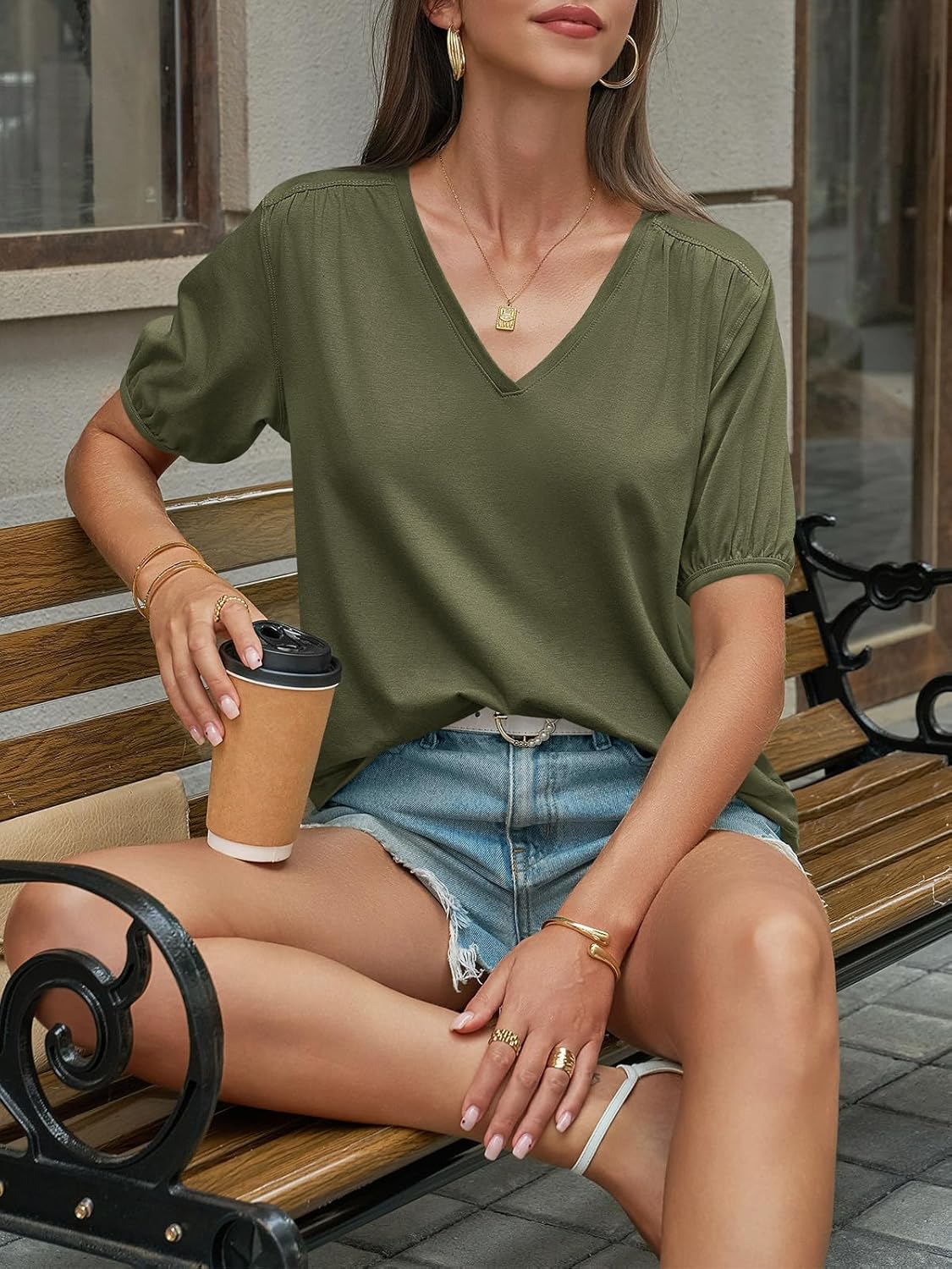 Cicy Bell Womens Puff Short Sleeve T-Shirts V Neck Summer Casual Pleated Tops Loose Fit Curved Hem Tees - Image 3