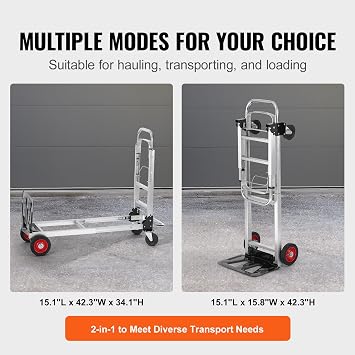 VEVOR Aluminum Folding Hand Truck, 2 in 1 Design 400 lbs Capacity, Heavy Duty Industrial Collapsible cart, Dolly Cart with Rubber Wheels for Transport and Moving in Warehouse, Supermarket, Garden