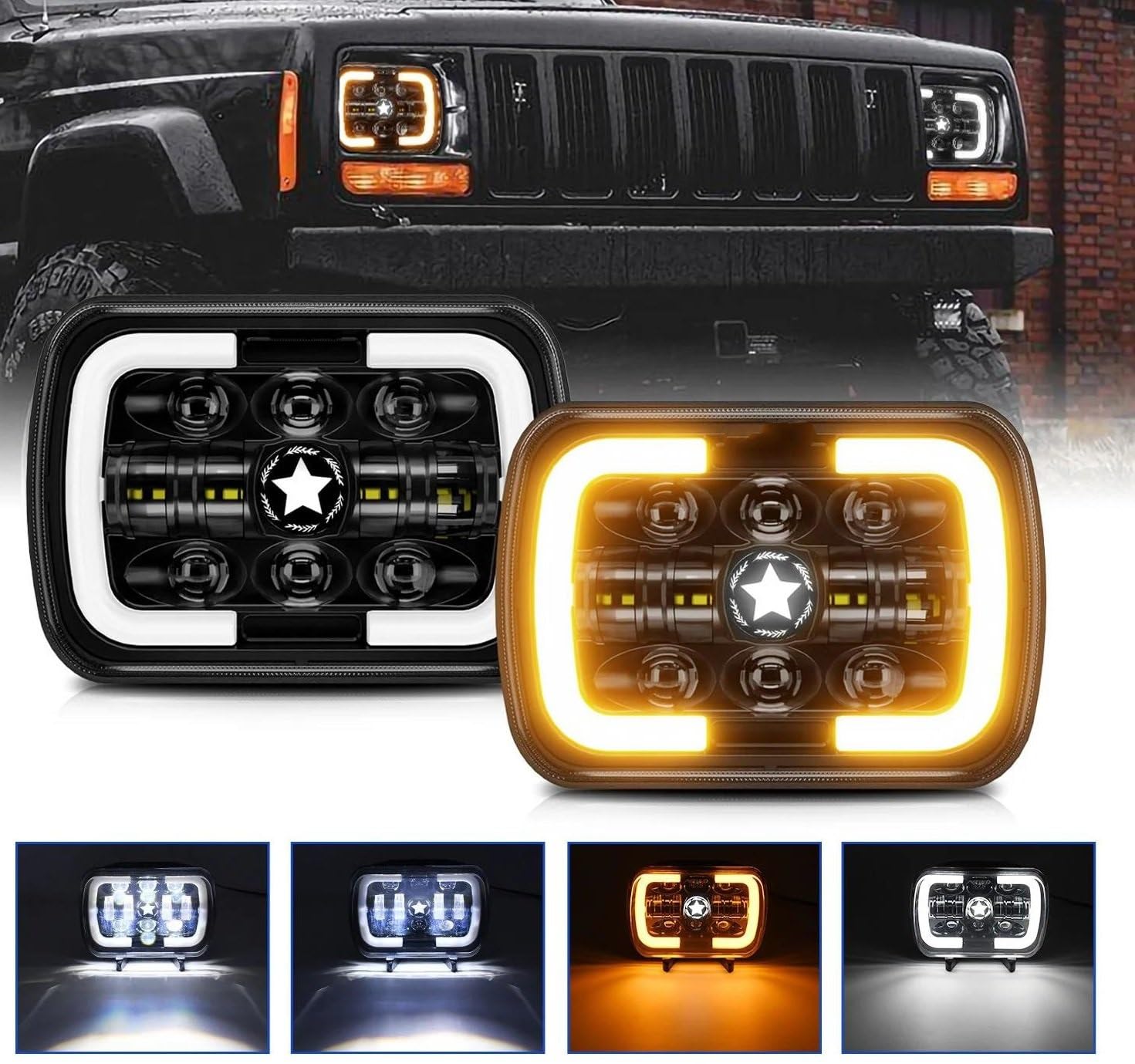 Faro LED 7x6 5x7 Pulgadas para Wrangler Offroad 4x4 Luz para Coche Faro Cuadrado 32V 200W 30000LM Luz LED DRL Intermitentes Altos Y Bajos Conjunto Faros Delanteros(2 Pcs)