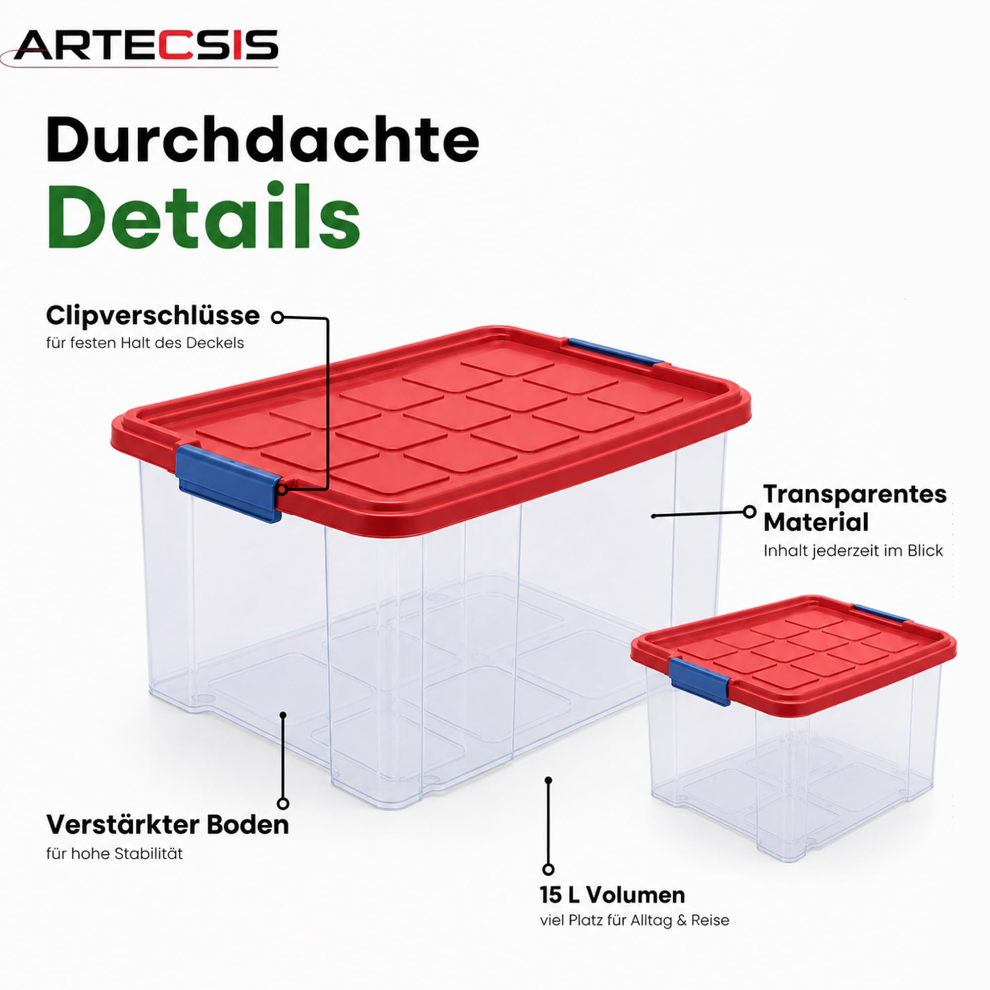 ARTECSIS 4 x Aufbewahrungsboxen aus Plastik M, 15L - 40 x 29 x 21 cm, aufbewahrungsbox mit Deckel, Eurobox, stapelbar
