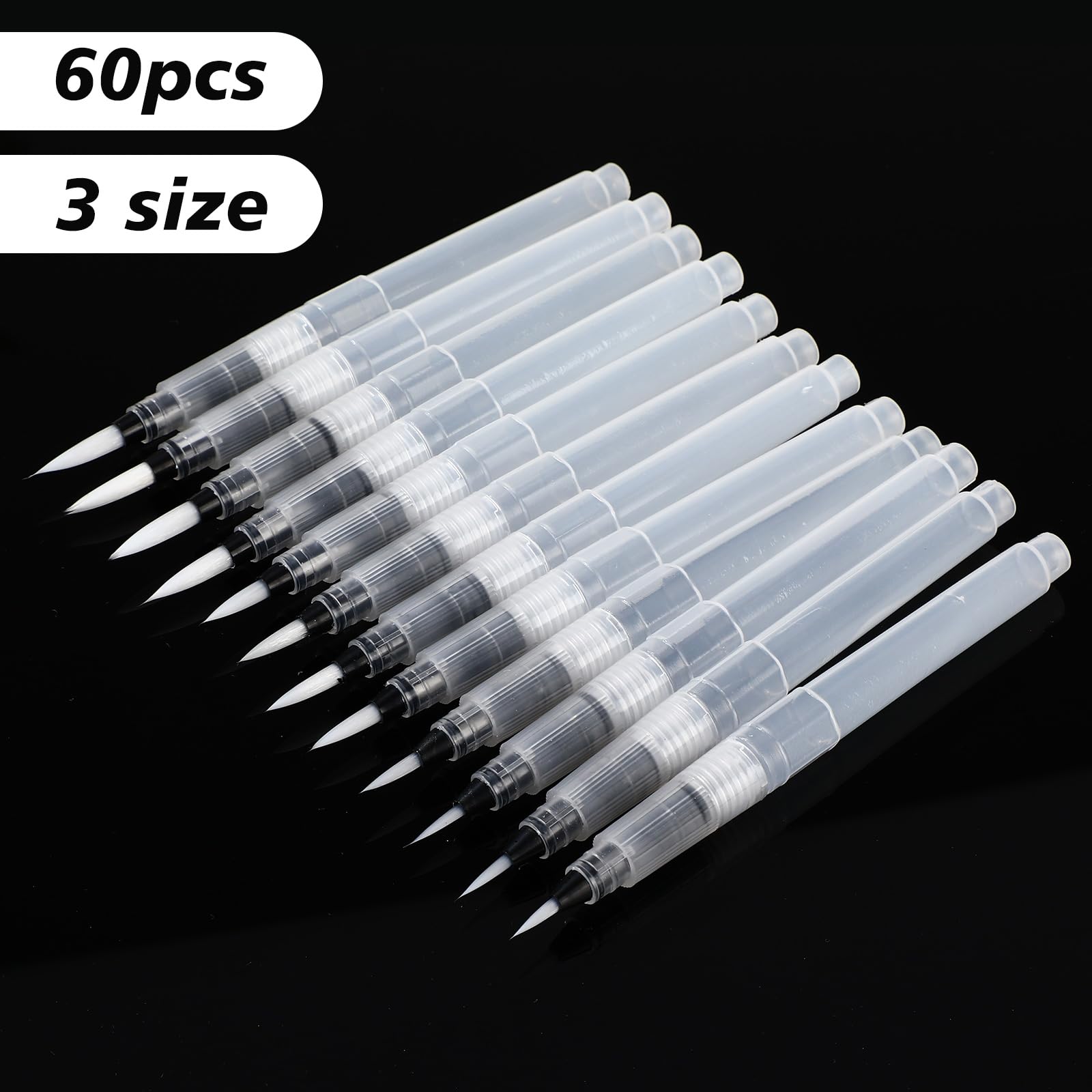 AmazingSpark Lot de 60 stylos pinceaux à eau, 3 tailles pointues pour aquarelle, stylos de dessin à l'eau avec sac en velours pour peinture