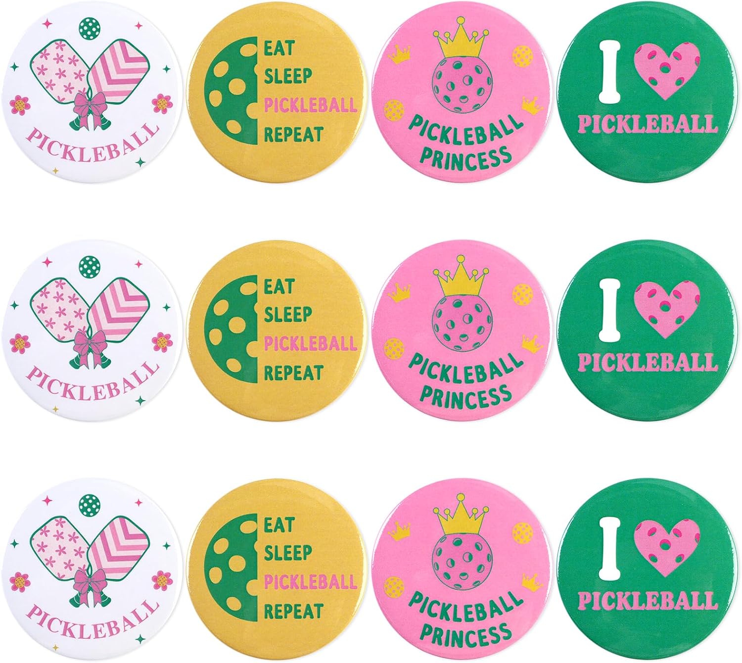 Serencatcher Pickleball Button Pins - 12 Pcs Pink and Green Pickleball Themed Tinplate Badges, 2 Inch 4 Designs for Women Sports Theme Party Favors Tournament Team Events