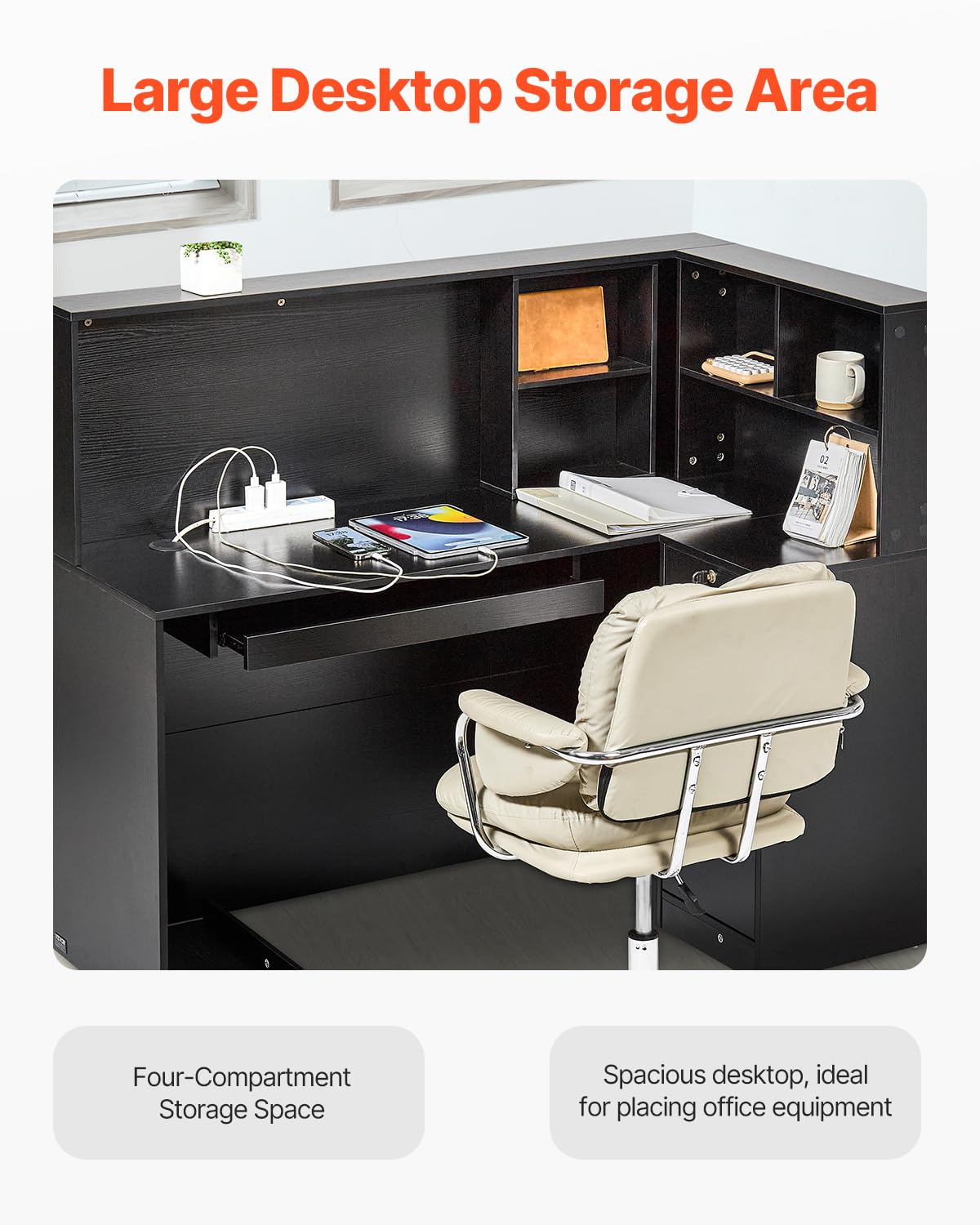 VEVOR Banco Reception 1600 x 600 x 1110 mm Tavolo da Banco Rettangolare, Tavolo di Vendita per Ufficio con Luce a LED, per Registratori di Cassa, Hall, Saloni di Bellezza e Uffici, Nero e Marrone