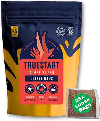 TrueStart Coffee Bags - Super Blend - Strong, Quick Steep, Individually Wrapped, 5050 Arabica & Robusta - Mycotoxin-Free & Antioxidant Rich Coffee - 1 Pack Resealable Pouch, 25 Loose Bags
