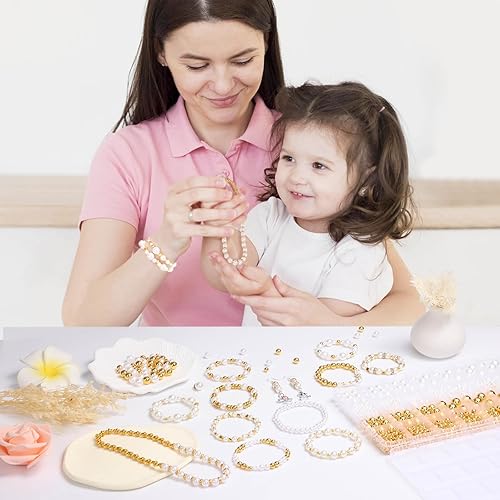Miniatura 6 de Cuentas de perlas para hacer joyas, 1048 cuentas redondas de perlas y cuentas doradas para hacer pulseras, 5 tamaños