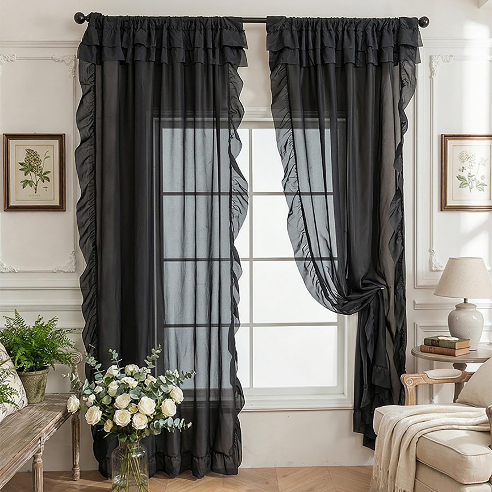 BOYOUTH Solid Color Sheer 2 Layer Valance Tulle Curtains with Ruffle Trim,Rod Pocket Voile Window Gauze Curtains Drapes for Kitchen Dining Room Cafe Decor,39 by 79 Inches,Black,2 Panels