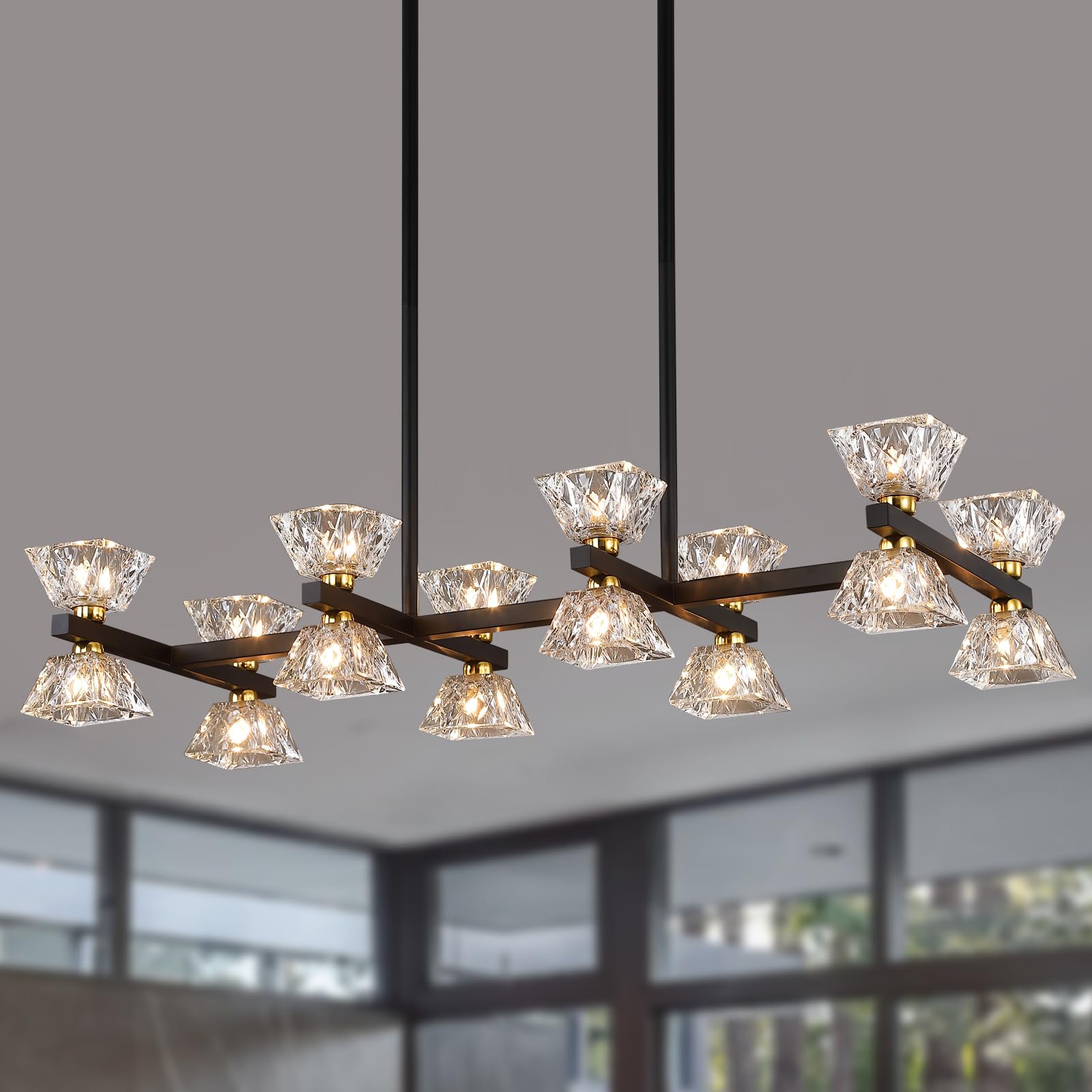 Black Modern Crystal Chandeliers,Farmhouse Rectangle 16-Light Dining Room Light Fixtures for Kitchen Island Bar Living Room UL Listed ??????.??"