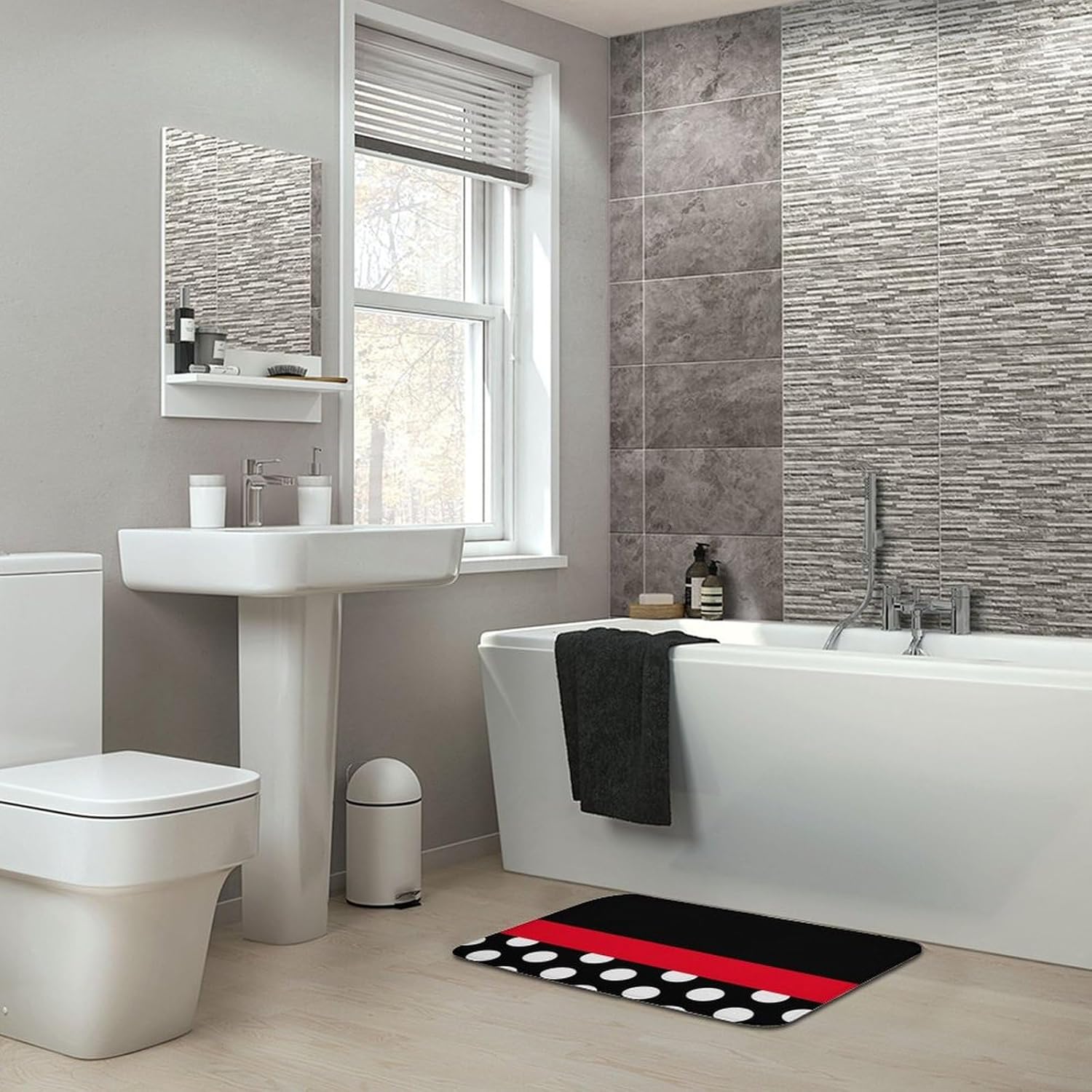Red Classic Black White Polka Dot Bathroom Rug, Non Slip & Soft Absorbent Bath Mat Carpets for Bathroom 20" x 32"