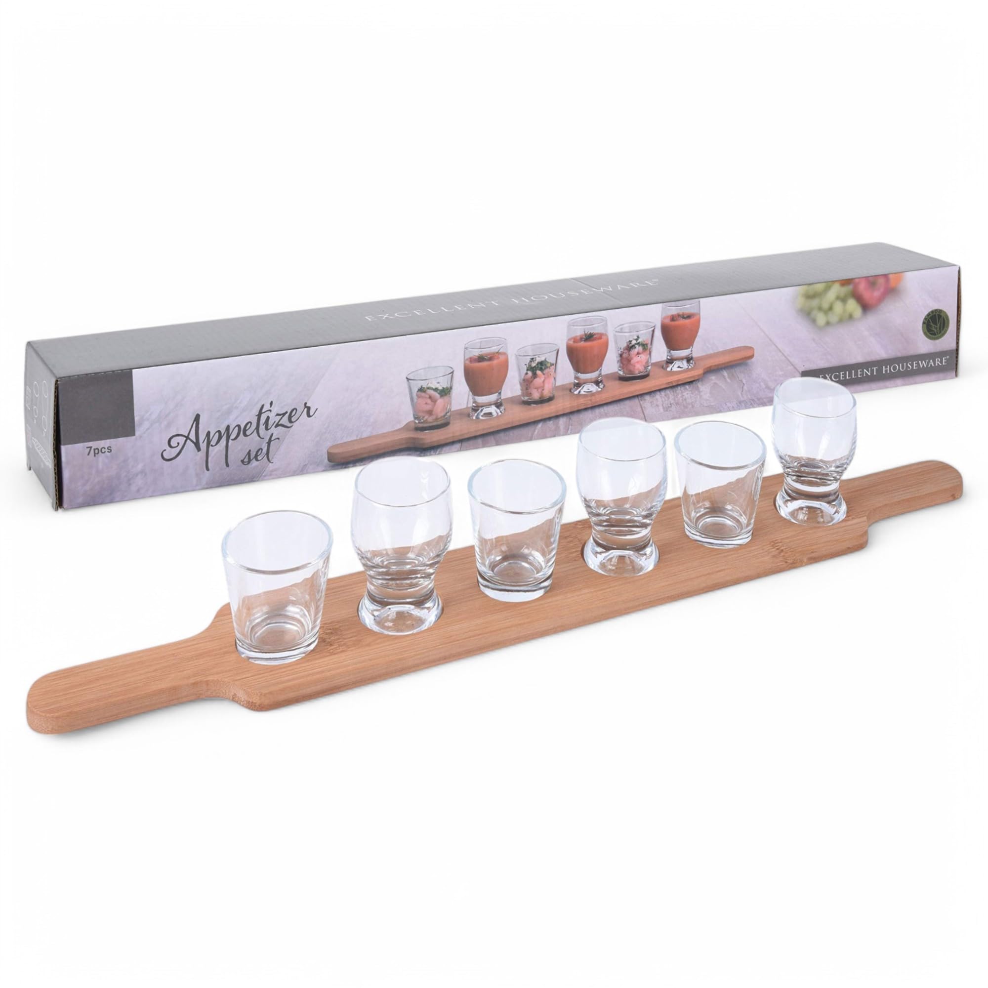 Set de service 7 pièces avec sa longue planche en bambou et 6 verres de dégustation polyvalents