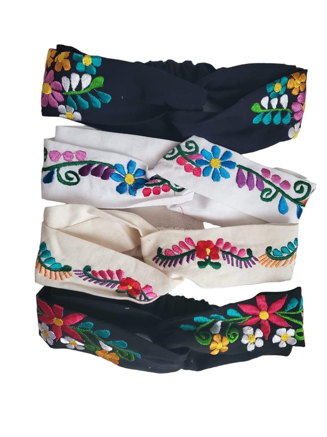 Mexican Headband Embroidered Colorful Mexican Flower Headband headpiece wear for girls or women hair floral/sunflower boho hippie accessory headbands set (BLACK AND WHITE)