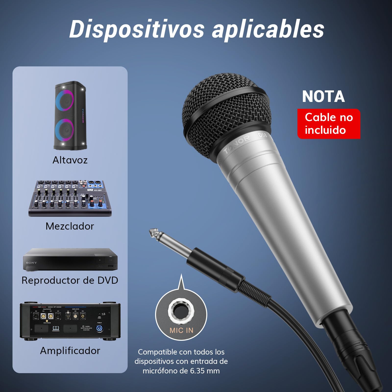TONOR Micrófono Vocal dinámico cardioide, Cable, Filtro Pop Integral y Rejilla esférica, reducción de Ruido, Salida XLR de 6.35 mm, Ideal para Canto, escenarios y grabaciones, Modelo D58, Plateado