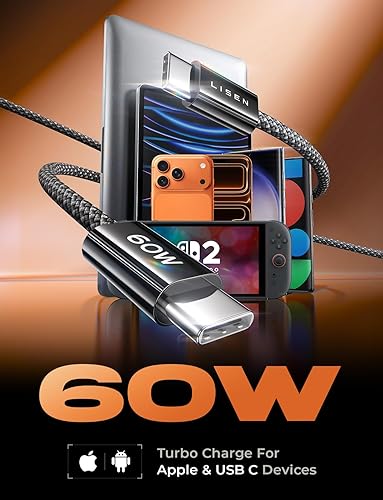 Vista 3 de LISEN Cable USB C, paquete de 5 cables USBC a USBC [0.5 pies] para iPhone 17 16e 15 Pro Max, cable de carga rápida de 60 W C a C para Galaxy Negro