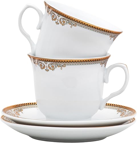 Miniatura 12 de Lujoso juego de té de porcelana – Juego de 8 piezas de fiesta de té vintage – Blanco con diseño de llave griega plateada – Platillos de 5.5 Meandro