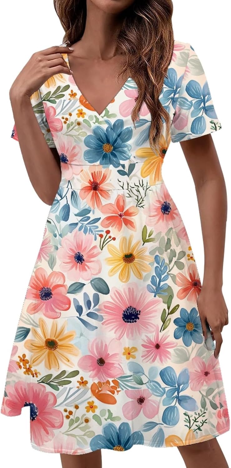 Women 2025 Floral Print Dresses Short Sleeve V Neck Empire Waist Mini Casual Dress ...
