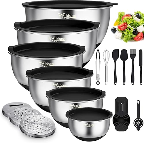 Miniatura 22 de Wildone - Cuencos para mezclar con tapas herméticas, 22 cuencos de acero inoxidable, 3 accesorios de rallador, marcas de medición y parte inferior