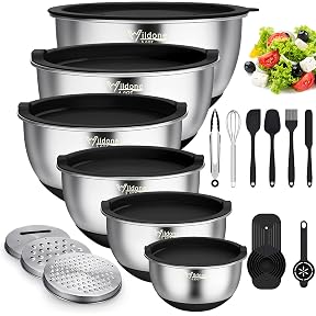 Umite Chef Mixing Bowls with Airtight Lids, 26Pcs Stainless Steel Bowls Set, 3 Grater Attachments & Black Non-Slip Bottoms Size 7, 4, 2.5, 2.0,1.5, 1QT, Great for Mixing & Serving