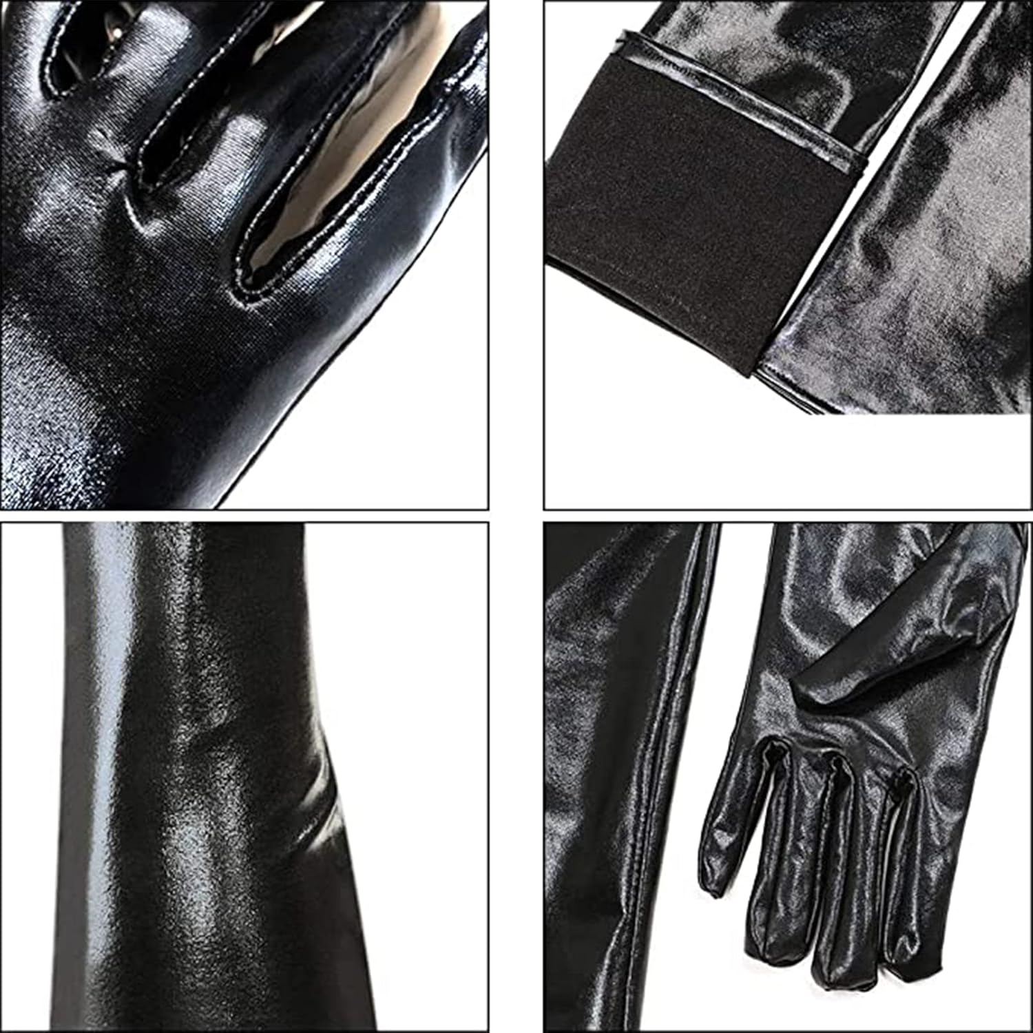 Luwint 2 Pairs Women Sexy Wet Look Black and Silver Long Gloves for Costume Cosplay Photoshoot - Image 4