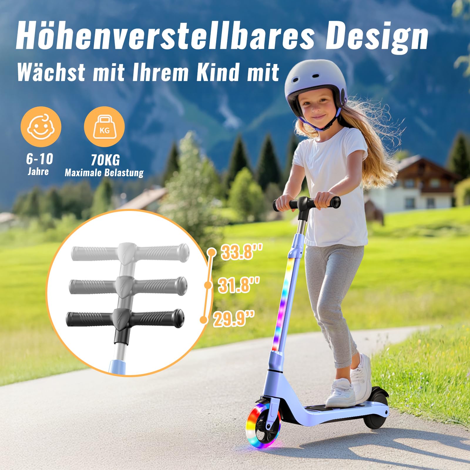 Patinete TST para niños de 6 a 10 años, Patinete eléctrico de 5.3 Pulgadas para niños con Luces LED Intermitentes y 3 Alturas Ajustables, Patinete para niños con Motor de 45W, Velocidad máxima 10km/h