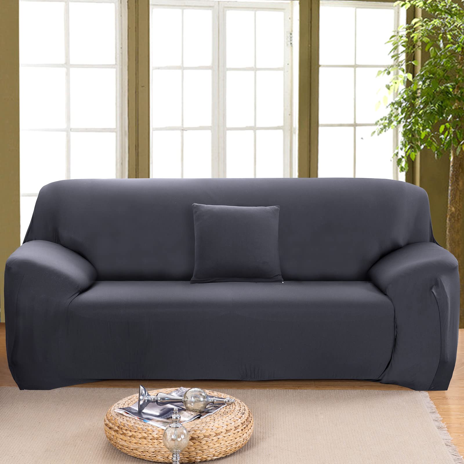 ele ELEOPTION Sofa Überwürfe Sofabezug Stretch elastische Sofahusse Sofa Abdeckung in Verschiedene Größe und Farbe (3 Sitzer für Sofalänge 170-220cm, Grau) LSL-111-0336@A