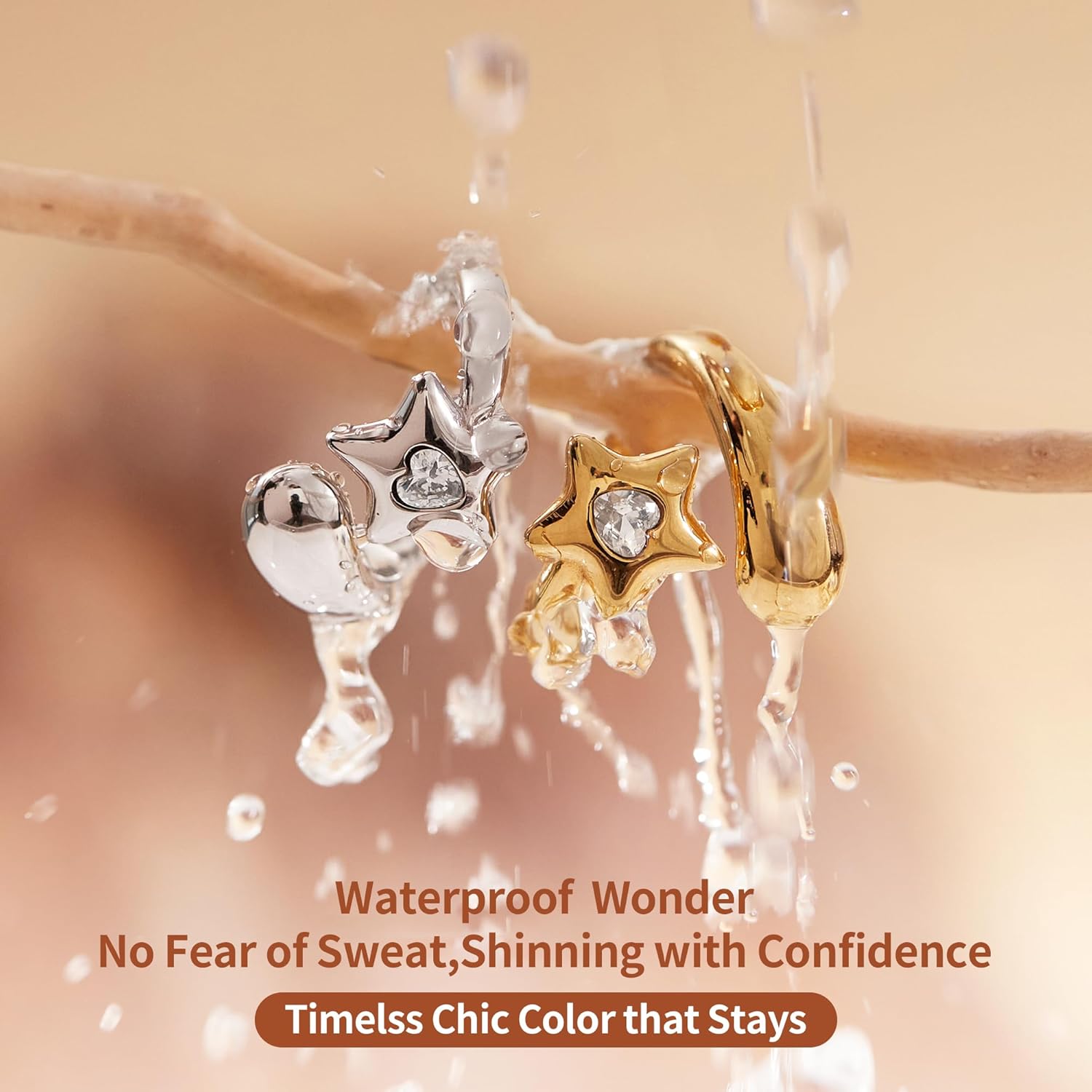 Chunky Gold Rings for Women Stainless Steel Non Tarnish Star&Heart Cubic Zirconia Teardrop Ring 18K Gold Plated Statement Dome Rings Stackable Jewelry for Women - Image 3