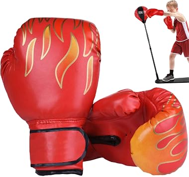 Boxing Gloves, Flame Pattern Kids Boxing Gloves, Breathable PU with Fastening Tape, Sponge Filled Mitts for Kids 6-11 Years Old Training, Exercising, Games.