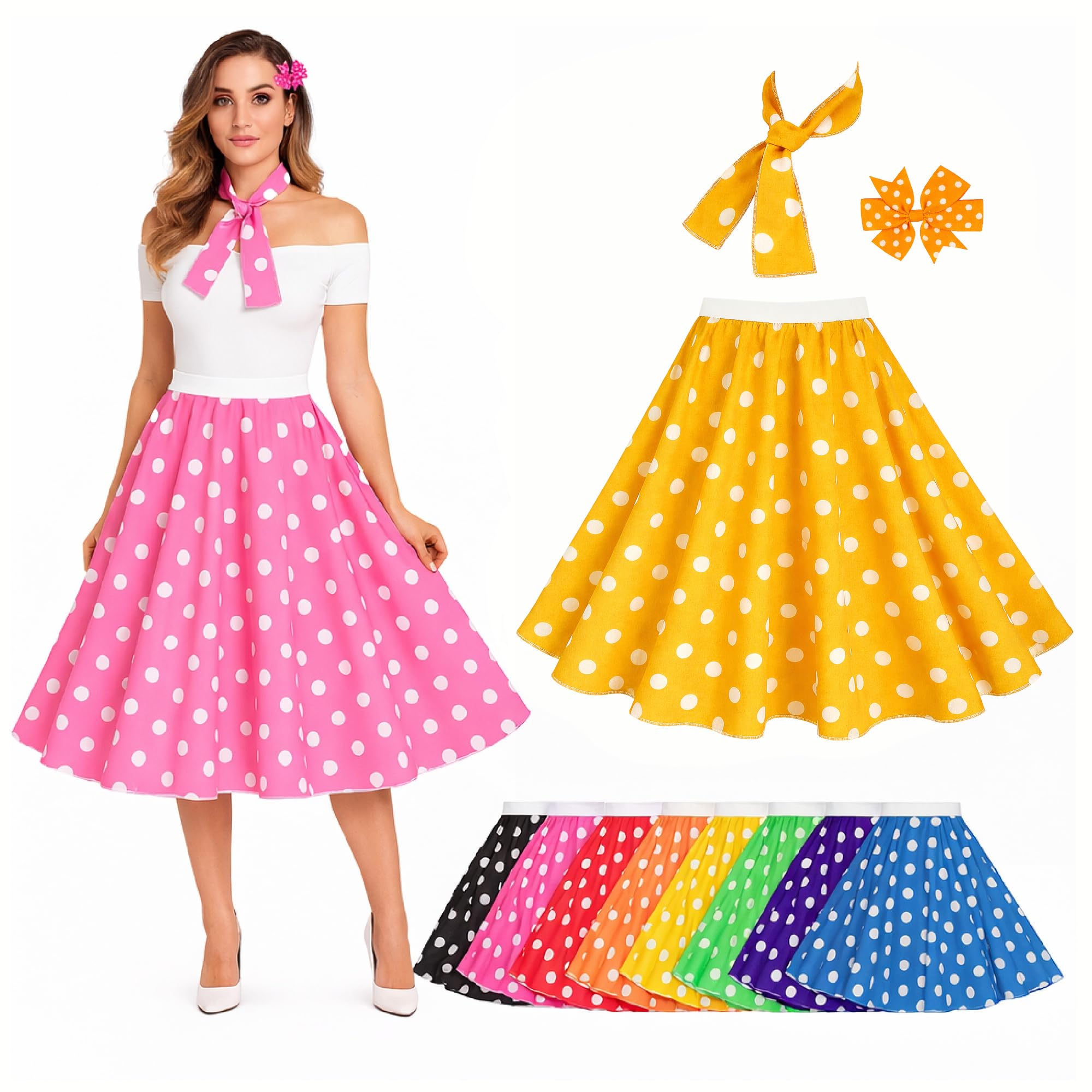 Isp Inspired Costumes Orange And White Polka Dot Rock N Roll Skirt 50S Fancy Dress Costume Skirt With Necktie And Hairbow (Uk, Alpha, Xl, Xxl, Regular, Regular, )