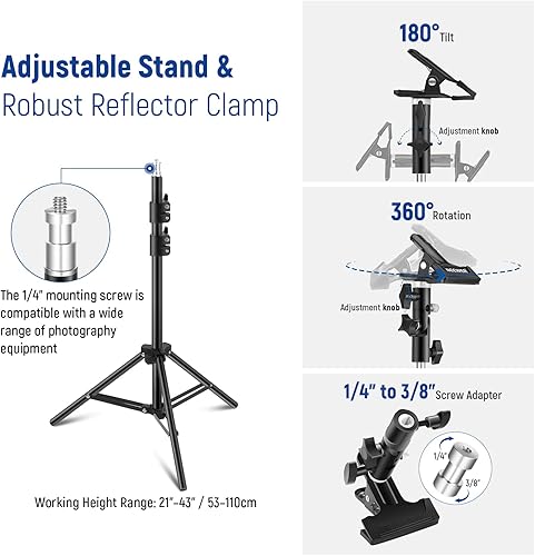 Miniatura 7 de NEEWER Reflector de luz de 43"110cm con abrazadera y soporte de metal, reflector redondo plegable 5 en 1 - translúcido, plateado, dorado, blanco y