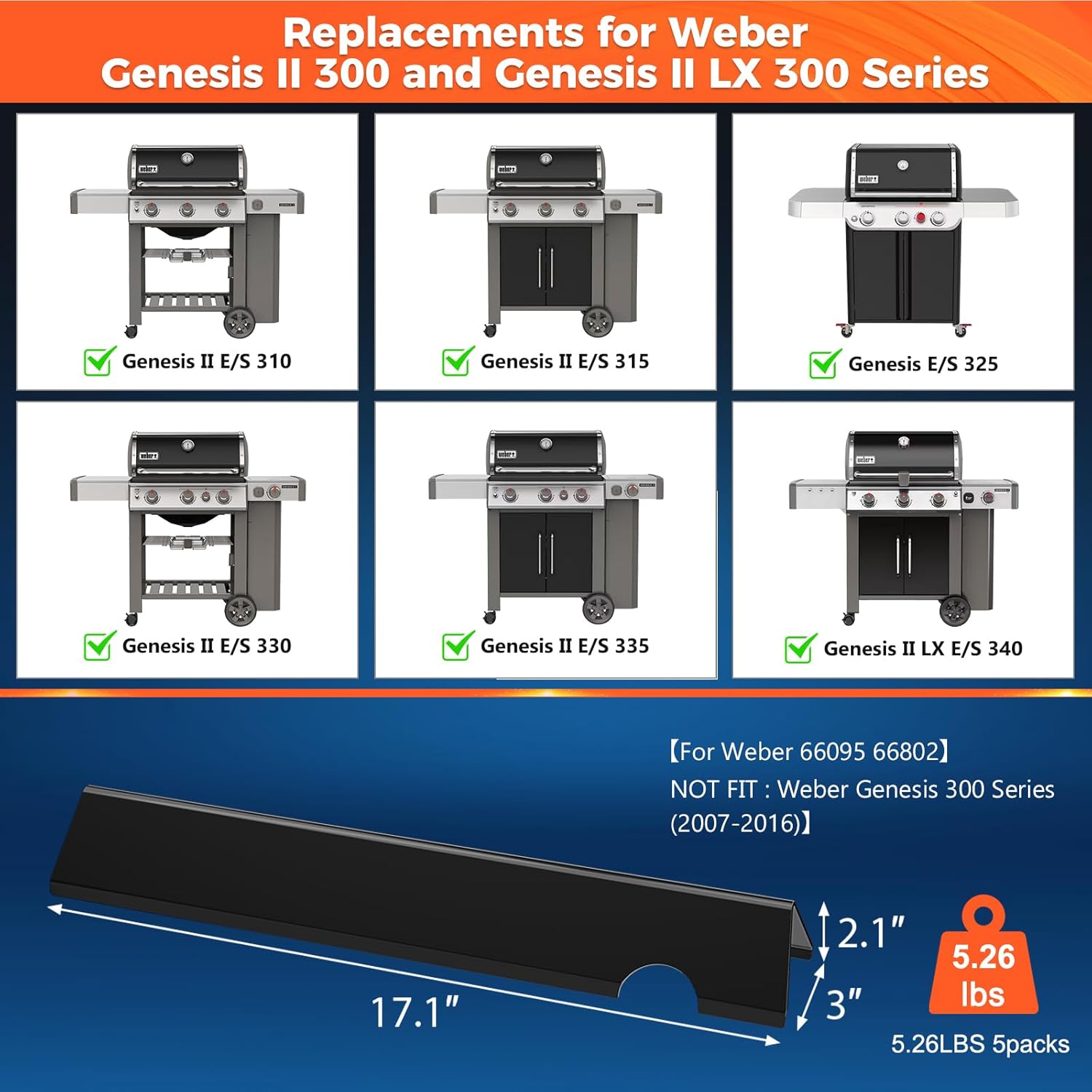 QuliMetal Grill Parts Bundle for Weber Genesis II 300 Series, 5-Pack Porcelain-Enameled Flavorizer Bars and 2-Pack 9.5MM Stainless Steel Cooking Grates