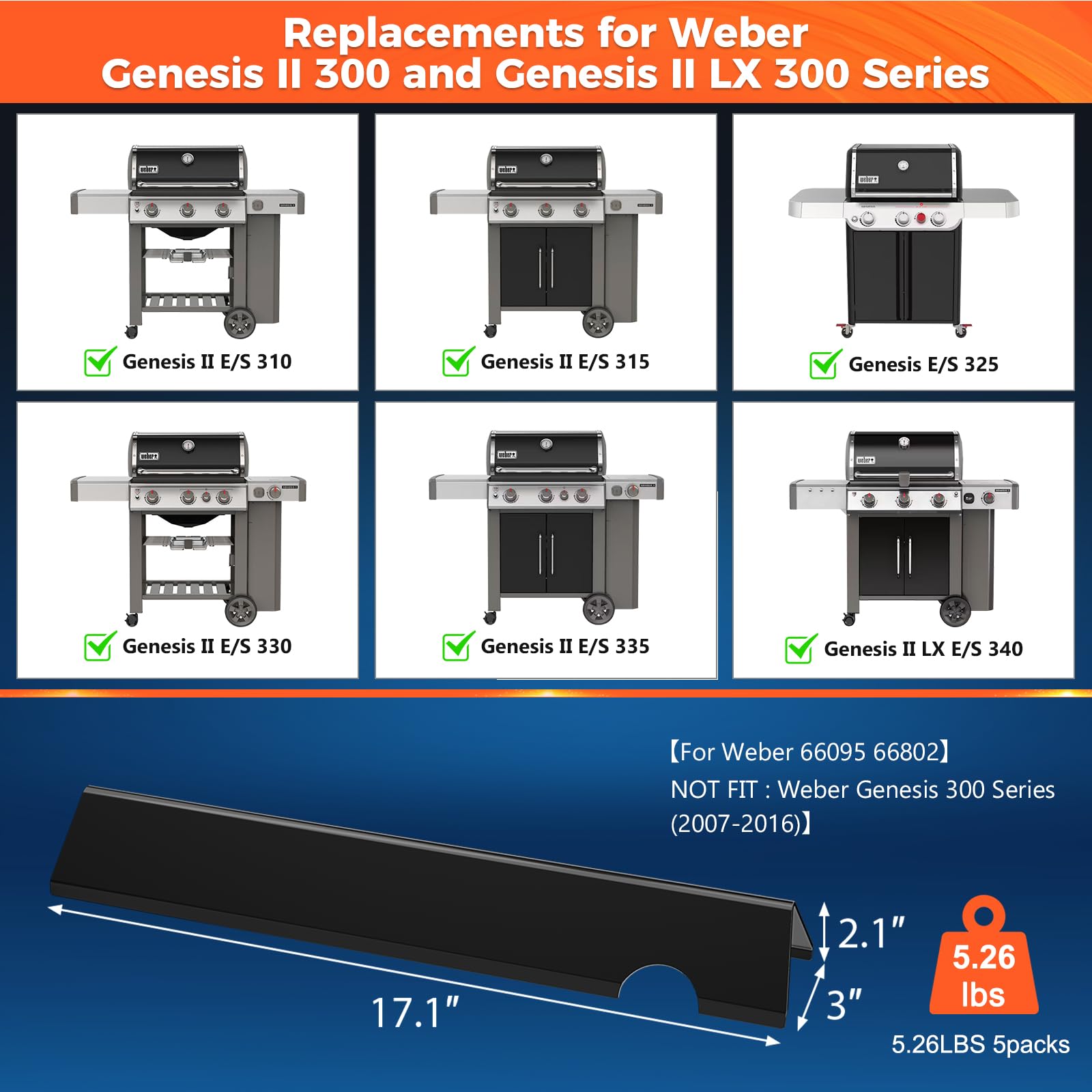 QuliMetal 66795 Barras aromatizantes para parrillas Weber Genesis II 300/II LX 300, Genesis II E/S-310 E/S-315 E/S-325 E/S-335 E/S LX 340, reemplazos esmaltados de porcelana para Weber 66032